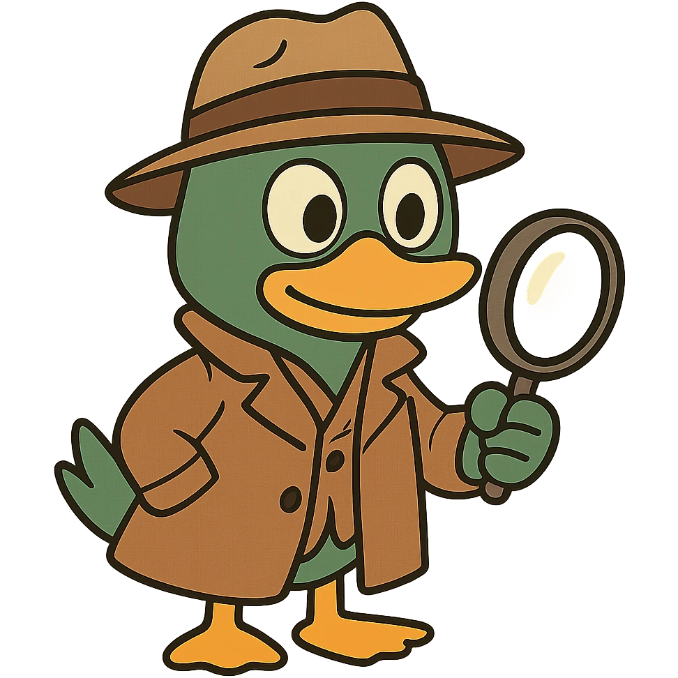 Make this mallard duck detective match the style and outfit of the first image: cute, cartoon, wearing a trench coat and detective hat, holding a magnifying glass, with no background. emoji