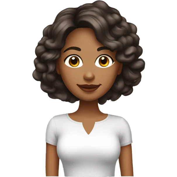 mujer, piel blanca, cabello medio ondulado largo de color cafe, ojos grandes negros y blusa blanca  emoji