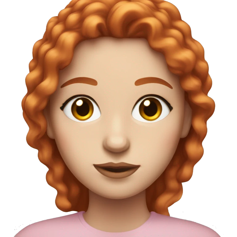 Woman with a white skin that has wavy Long hot red hair and brown eyes with an eyeliner and lashes coding on a pink macbook emoji
