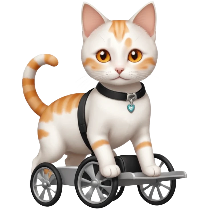 full body small short hair ginger and white cat with orange eyes walking in a wheelchair for cats emoji