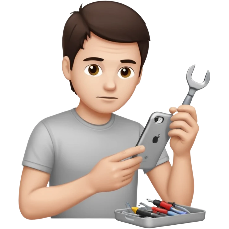 make a white guy with dark brown hair, with a simple white o grey shirt, repairing an iphone, un tecnico emoji
