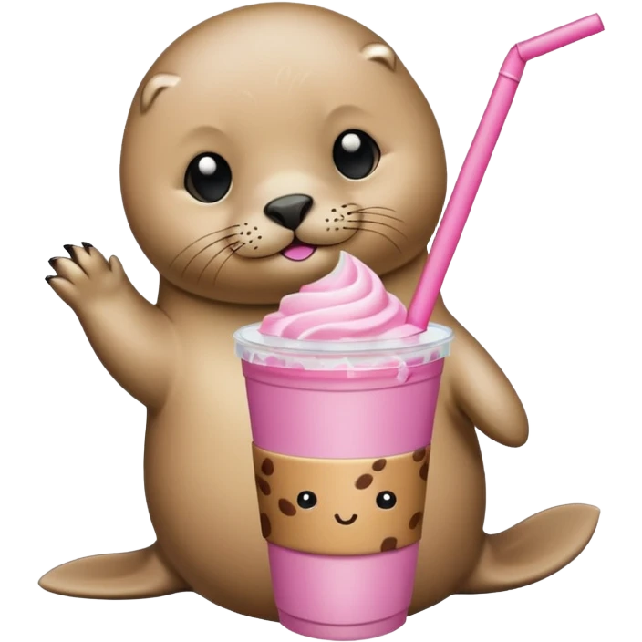 Seal wearing pink holding iced coffee emoji