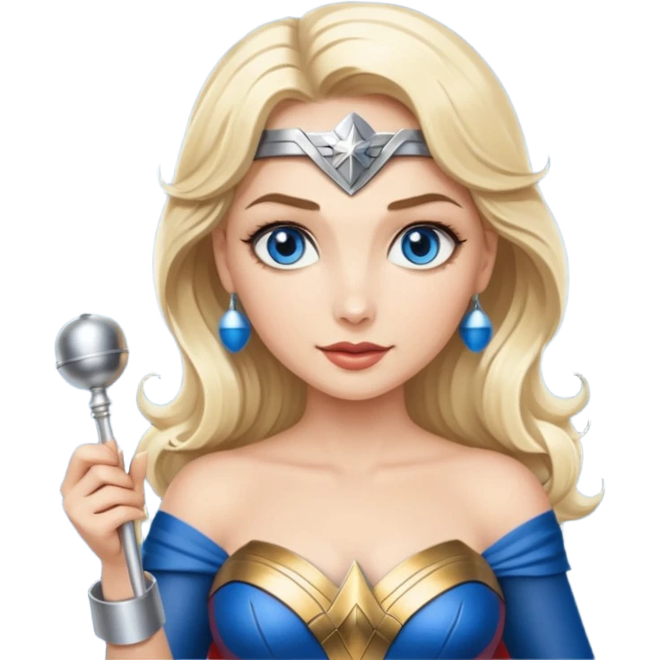 Blonde blue eyes Wonder Woman holding bell and short white orchestra conductor’s baton  emoji