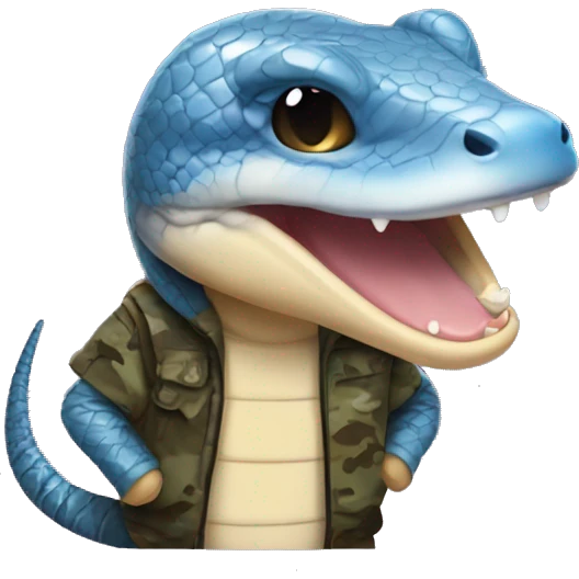 Blue tongue skink wearing camo hoodie and smiling emoji