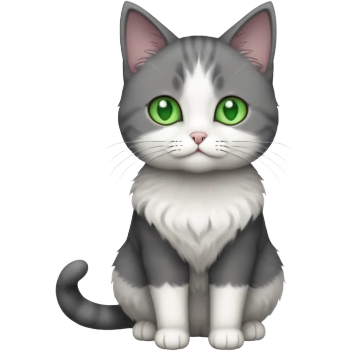 full body small short hair dark grey and white cat with green eyes emoji