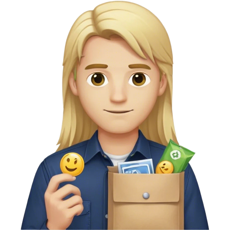 Guy with long straight blonde hair and navy button up holding a packet emoji