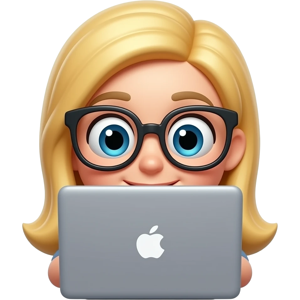 3D emoji-style female character with blode hair and big glasses, eyes wide, peeking over a laptop, emoji