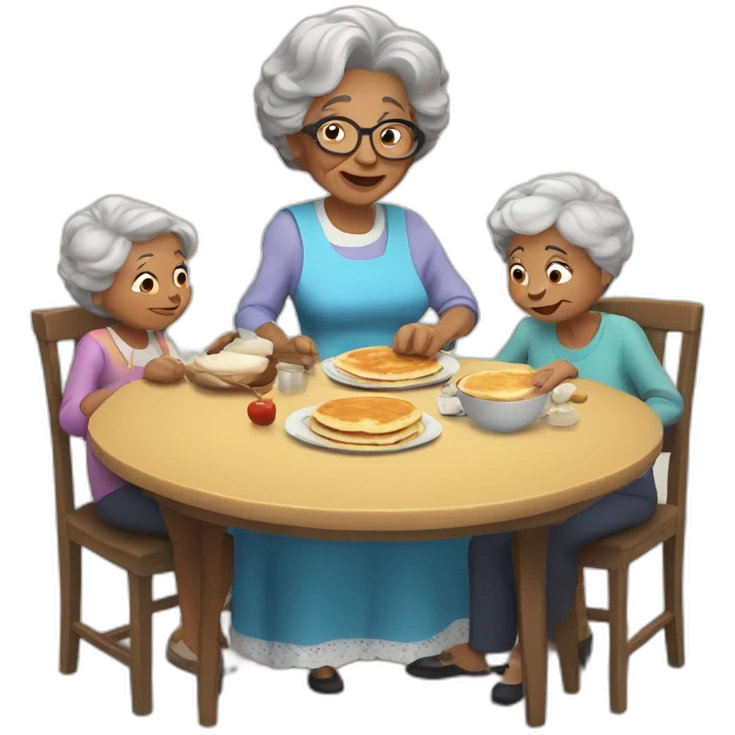 Granny with family in the table eat pancakes emoji