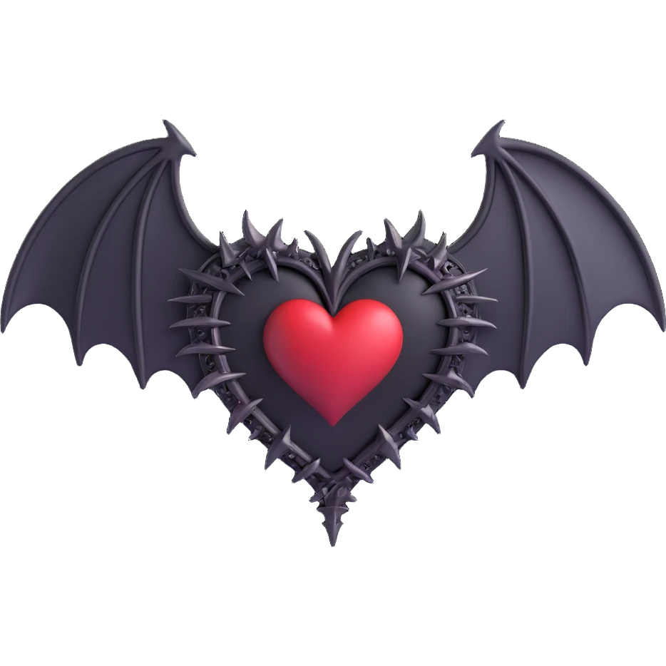 black gothic heart with metallic spikes and small gothic bat wings, ornate, dark, elegant emoji