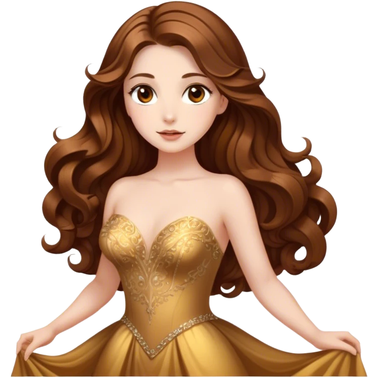 Cinematic Stunning Belle Portrait Emoji, Deep brown eyes full of curiosity, long chestnut hair flowing in soft waves, wearing her golden ballroom gown, glowing with warmth and elegance, a princess whose beauty is as radiant as her mind! emoji