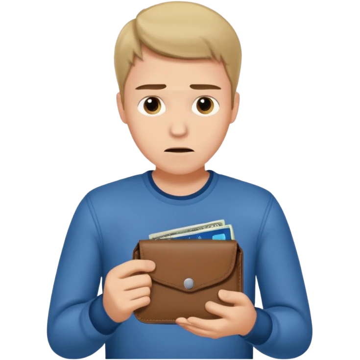 A young guy looks at his empty wallet. emoji