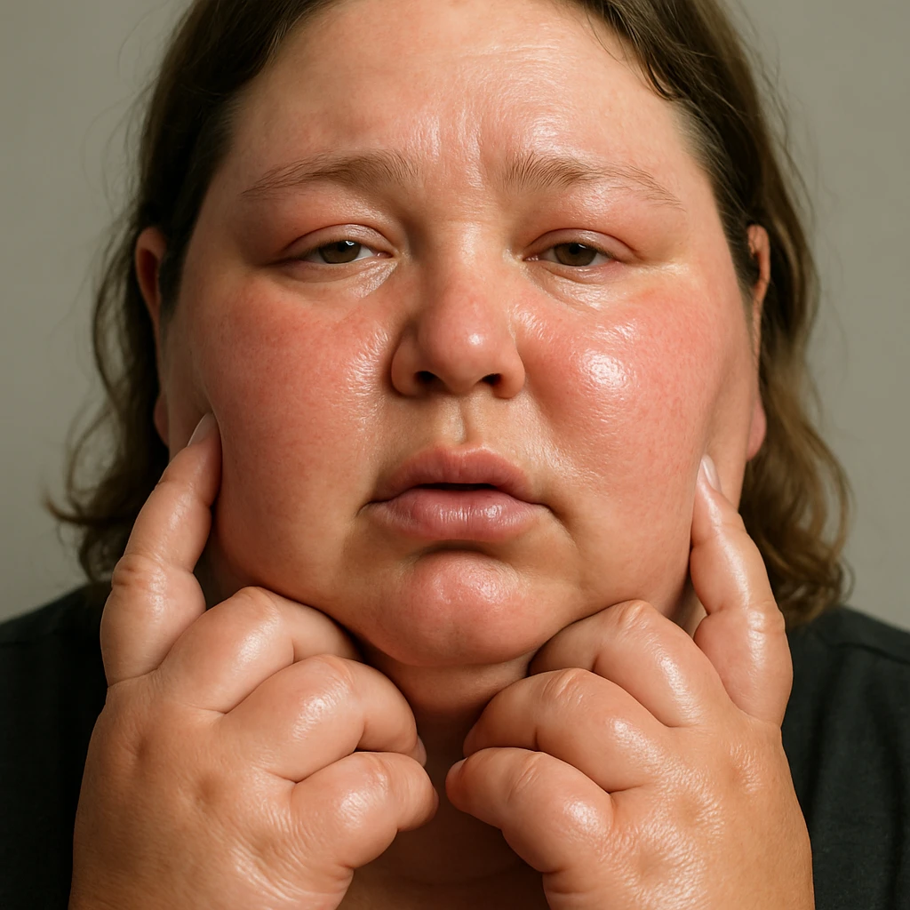close-up of hyperrealistic woman with swollen face and hands, slightly shiny and reddened skin, signs of water retention, realistic anatomical details, 4K quality, neutral background emoji