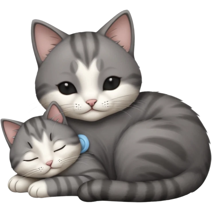 dark grey and white small cat with its eyes closed lying down leaning on its elbow with its paw curled under its head holding it up emoji