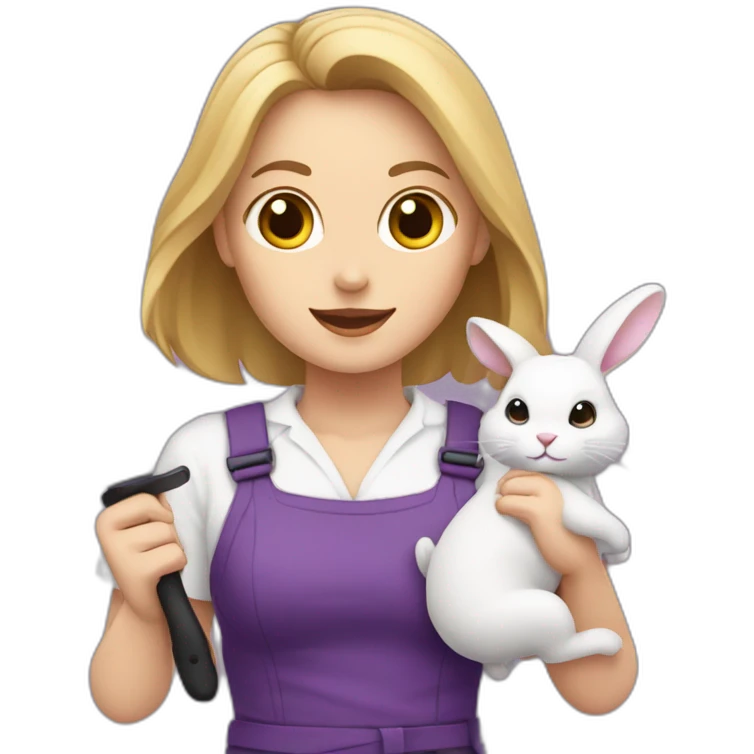 A white woman with purple uniform holding a knife and a bunny with love emoji
