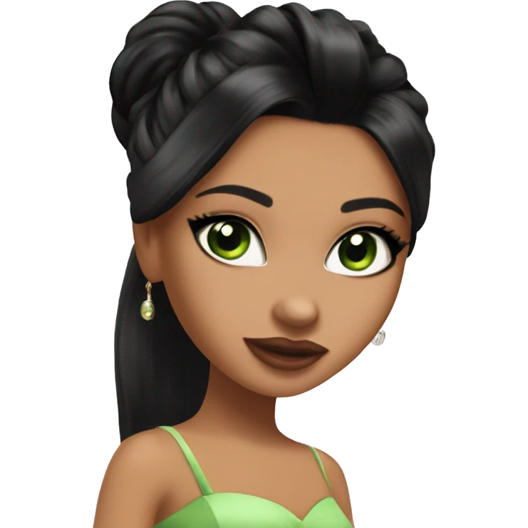 Bratz, club, cocktail dress, black hair, half up half down hair, olive skin, green almond cat eyes emoji