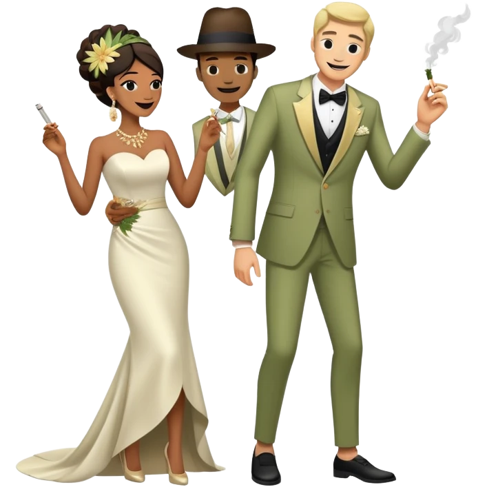 Full body view of person in fancy clothes sneaking into a wedding ceremony with a mischievous grin, uninvited guest, smoking cannabis emoji