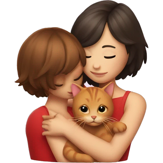 brunette girl with bob hair hugging red cat emoji