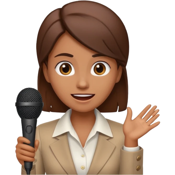 a office woman presenting her idea with microphone stop smiling and got scared with disappointed face
 emoji