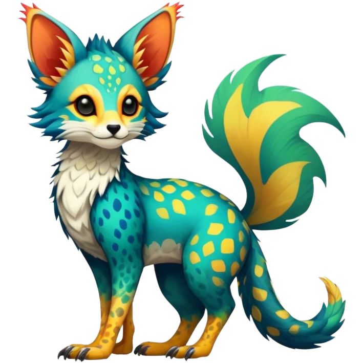 Feral Rare Fantasy vibrant colorful tropical Vernid-Trico-species by LiLaiRa, random markings, tufted tail, tufted ears, full body emoji