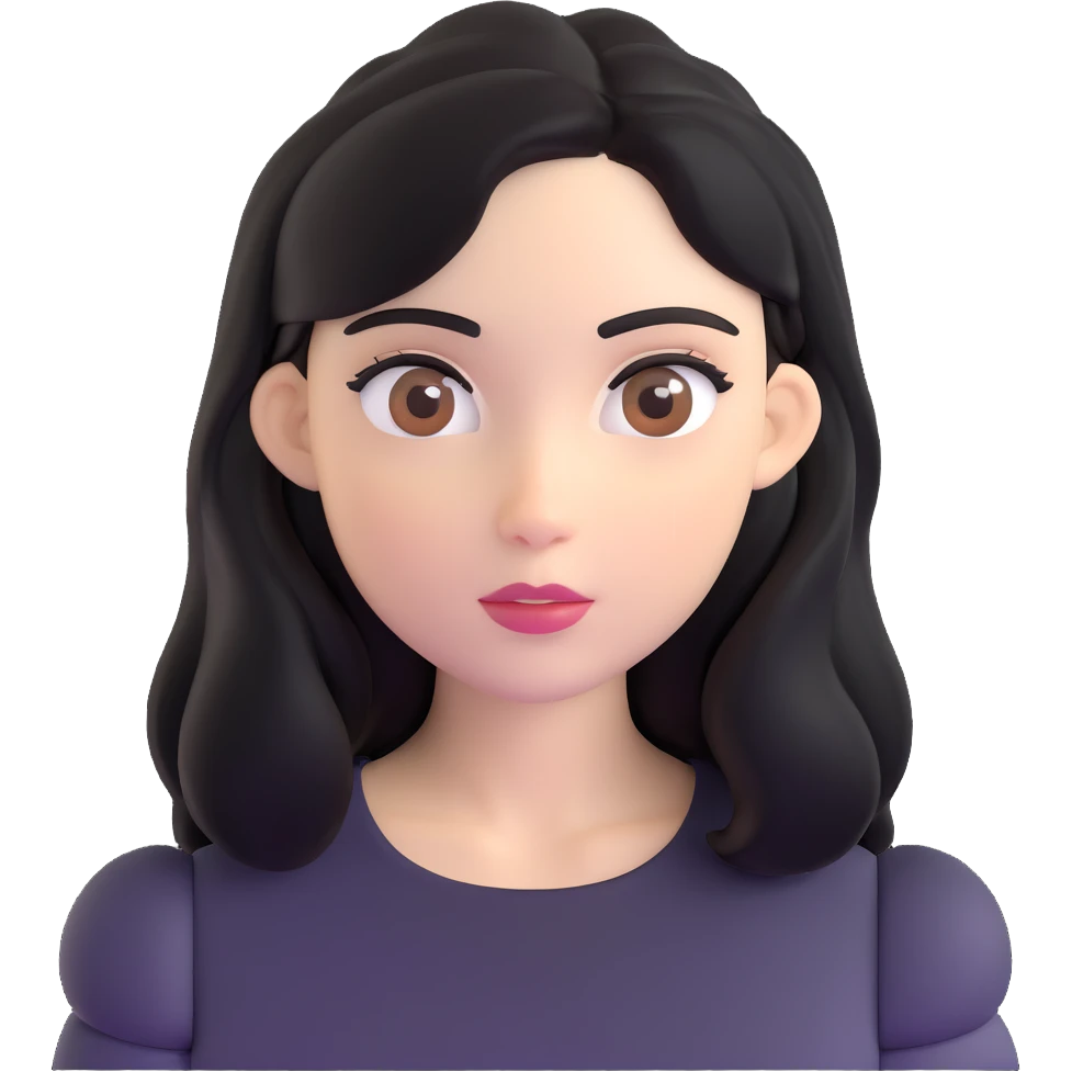 white woman with rounded brown eyes, long black hair, black blouse emoji