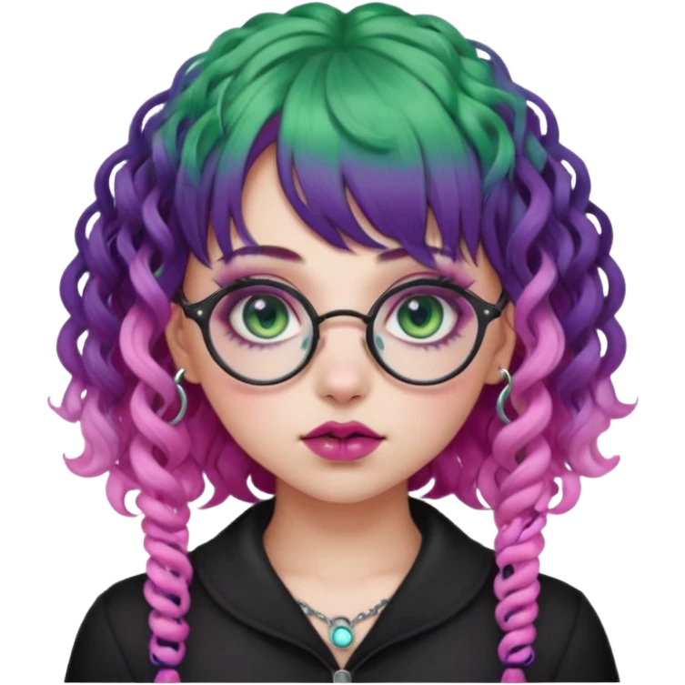. Gothic girl with pink to violet ombré ringlet curly hair, bangs round glasses, septum piercing, nostril piercing, almond eyes, blueish green eyes,heavy eyeliner,  emoji