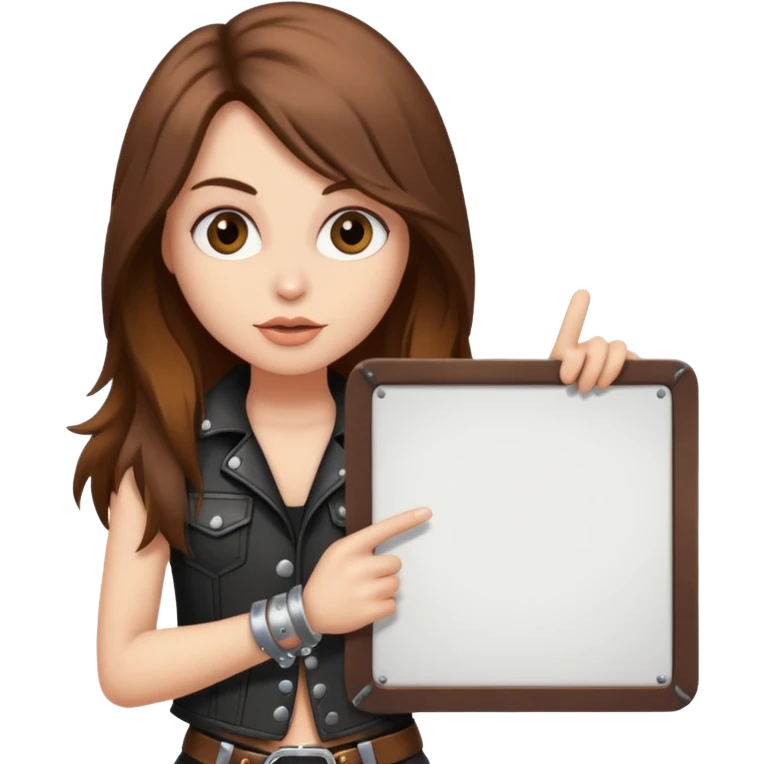 A fair skin rocker chick with long brown hair holding a large blank sign emoji
