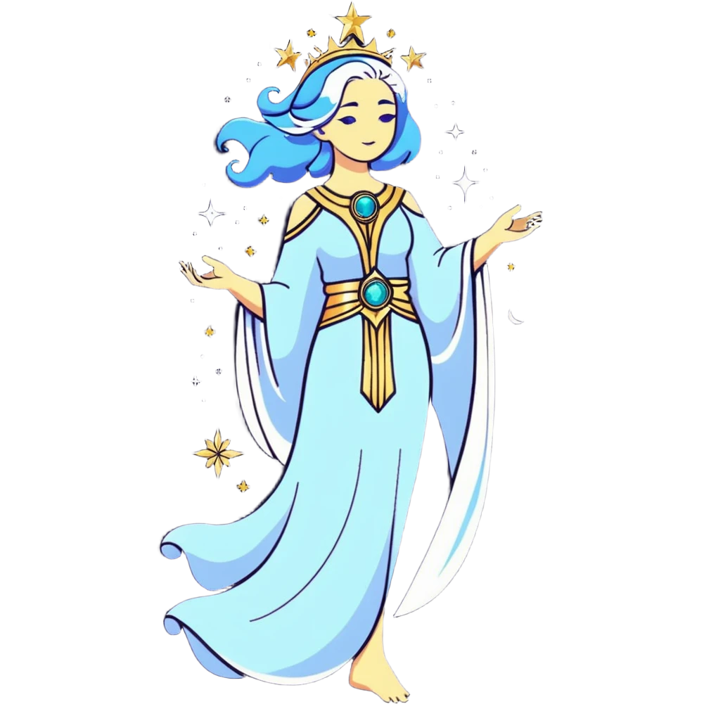fullbody universe goddess Sophia, Ethereal Light Being, Made of starlight and fractals, Glowing white/gold skin with flowing translucent robes, Hair blue like galaxy mist, Jewelry made of stars and crystals emoji