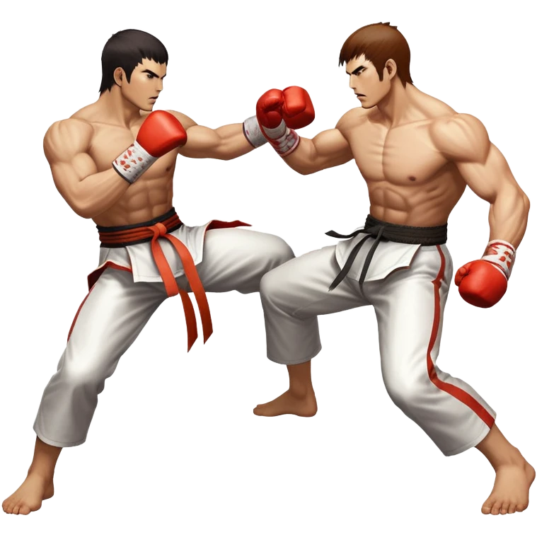 An icon showing two fighters in an intense battle, inspired by Tekken. The design features dynamic poses, with powerful punches and kicks, and a vibrant action-packed background. Health bars are visible at the bottom, showing each player’s status. Transparent background. emoji