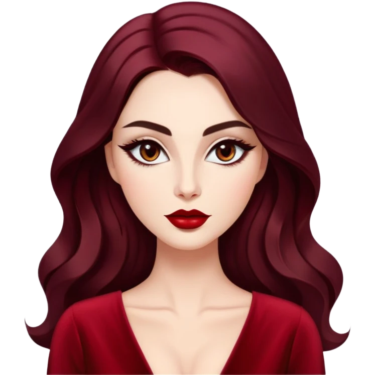 Glamorous woman with radiant fair skin, elongated face, large dark almond eyes with dramatic eyeliner, thick defined eyebrows, full red lips, long dark straight hair with soft waves at ends, wearing wine red velvet V-neck dress, confident expression emoji