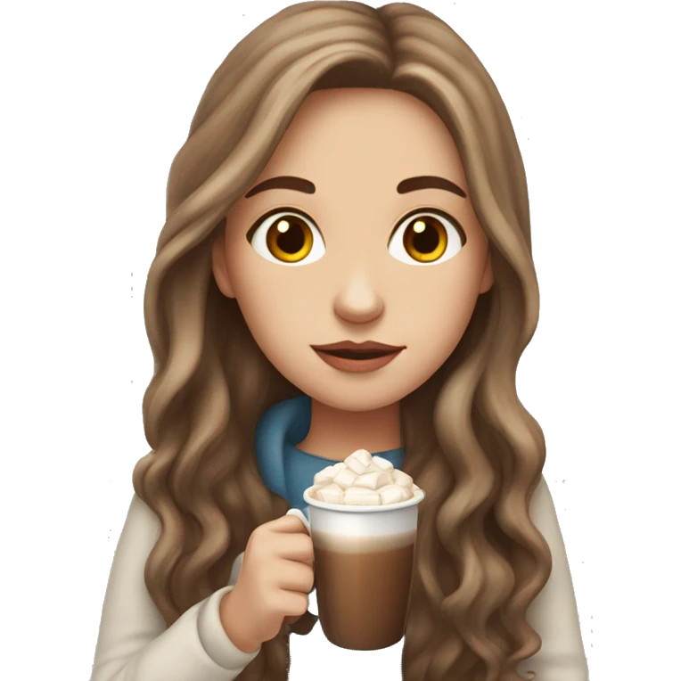white girl with brown long hair and a hot chocolate emoji