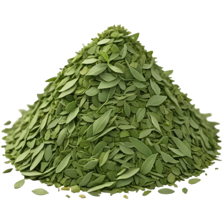 loose airy pile of dried green herb flakes, finely crumbled, slightly dusty uneven texture, color ranging from sage to dark green, no extras, apple emoji style, soft lighting, subtle shadows, emoji scale emoji