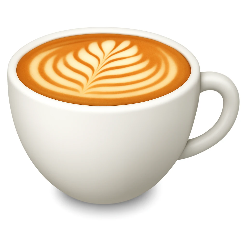 Create a cappuccino cup emoji exactly like the reference image but without the face. The cup should be white with latte art on top, smooth and shiny, with a soft shadow added, in the style of iOS emojis. emoji