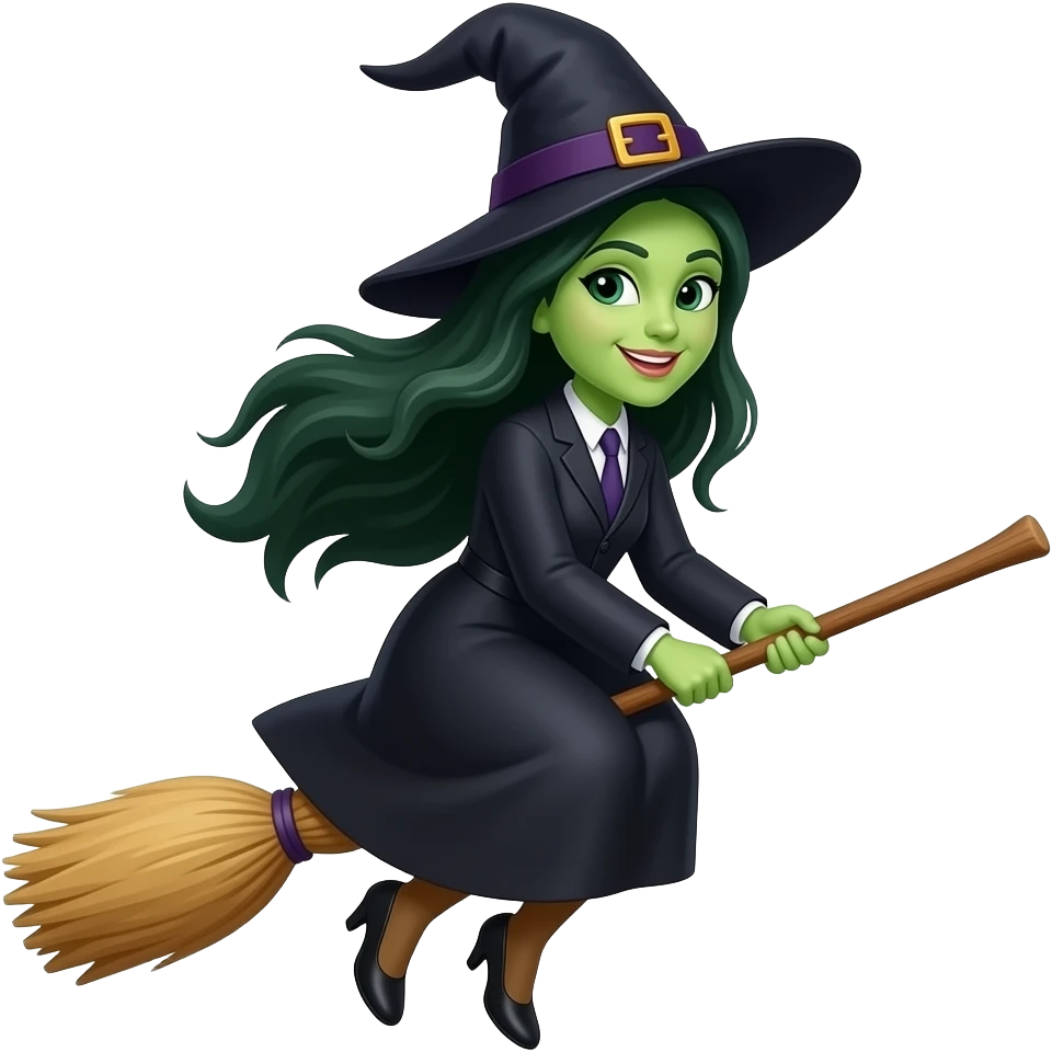 a witch flying on a broomstick, with fair skin and long dark green hair emoji