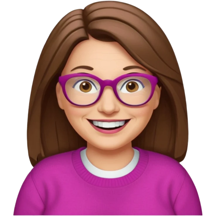 50 yr Caucasian woman, long brown hair parted on side, brown eyes, glasses, big smile, white teeth, fuscia sweater, chubby emoji