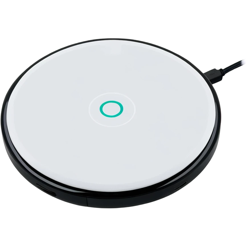vibrant sticker-style logo on a wireless charging pad, bold and colorful branding gadget emoji