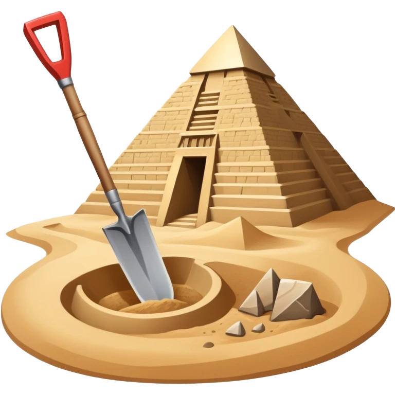 An icon showing archaeological tools like a trowel, brush, and pickaxe placed on sandy ground, with an Egyptian pyramid in the background. The design symbolizes excavation and discovery of ancient history, blending tools and iconic landmarks. Transparent background. emoji