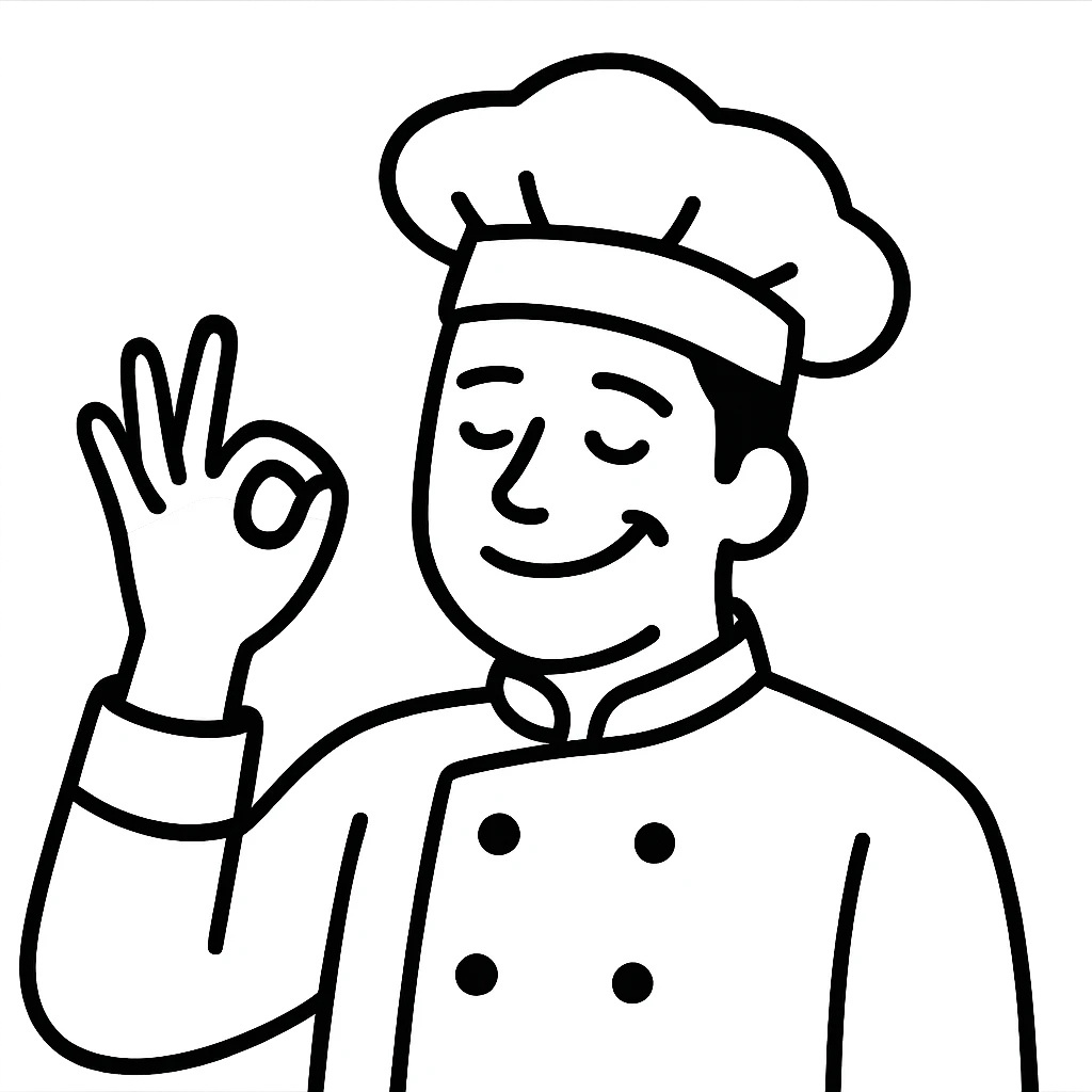 A chef character with a playful smile, wearing a chef's hat, and looking pleased with their creation emoji