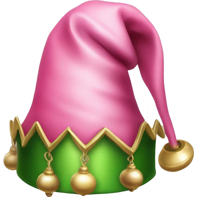 Realistic isolated pink and green elf hat with bells. emoji