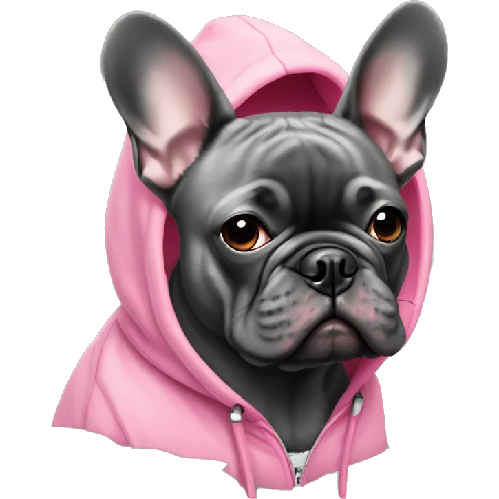Dark Grey French bulldog wearing pink hoodie emoji