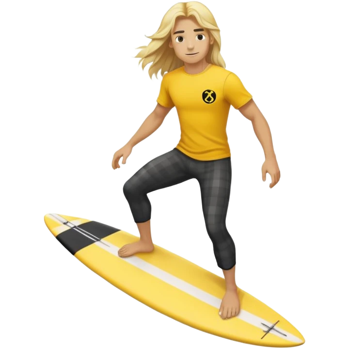 Surfer with long blond hair, yellow t-shirt with black check symbol, black pants. On a yellow and white board emoji