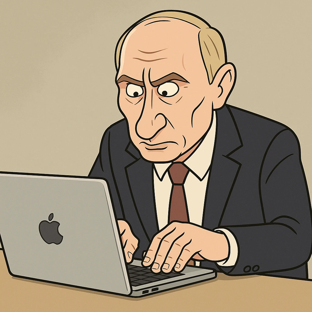 Vladimir Putin typing on a MacBook with exaggerated features emoji