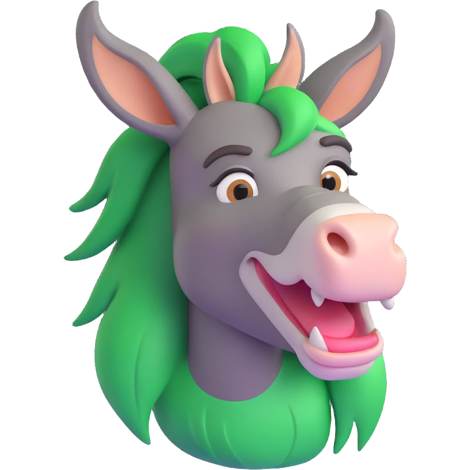 curious donkey, green hair, expressive face emoji