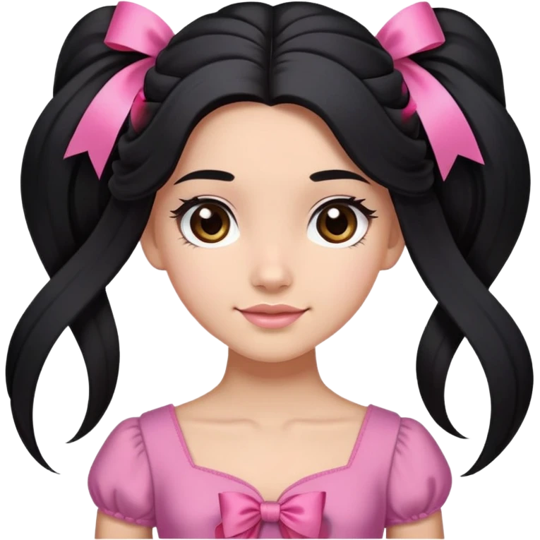 Beautiful girl with long black hair in a half-up half-down hairstyle with pink ribbon tying the top half, waves at the ends, brown eyes, light skin, slight smile, and pink dress emoji
