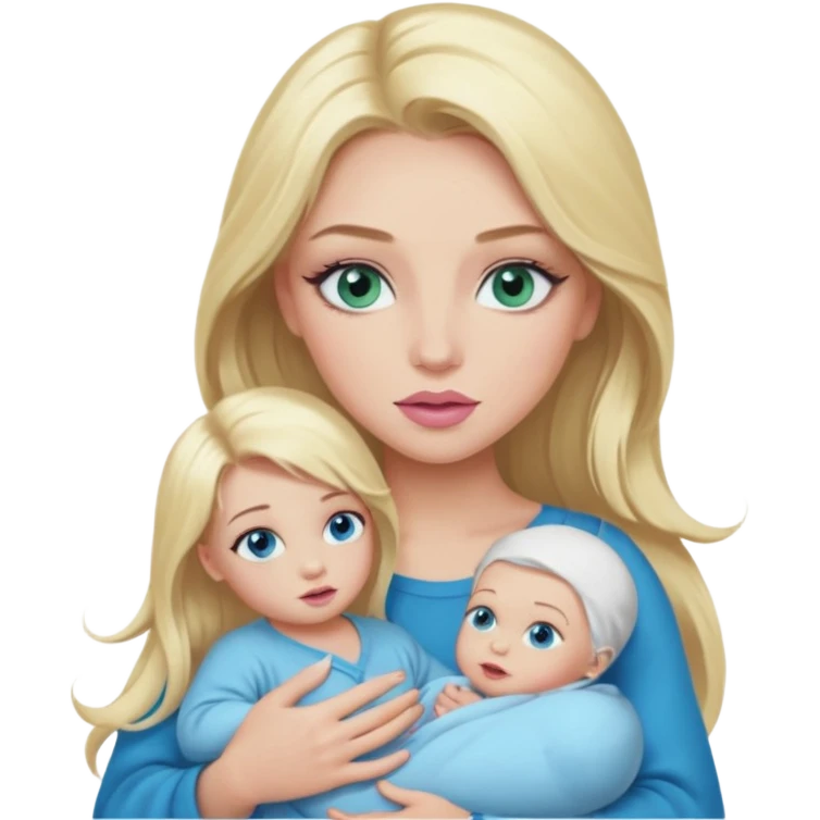 Blonde baddie with long hair Pretty makeup long lashes blue-green eyes ,   light pink lips holding baby Boy with blue eyes emoji