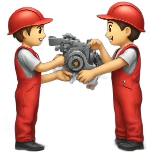 a team of two boys disassembling industrial machinery in red uniforms with an S drawn as a logo emoji