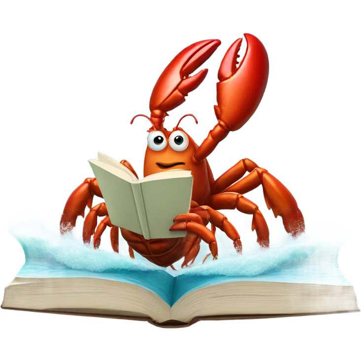 A very large lobster reading fine literature while surfing on a huge wave with and working out  emoji