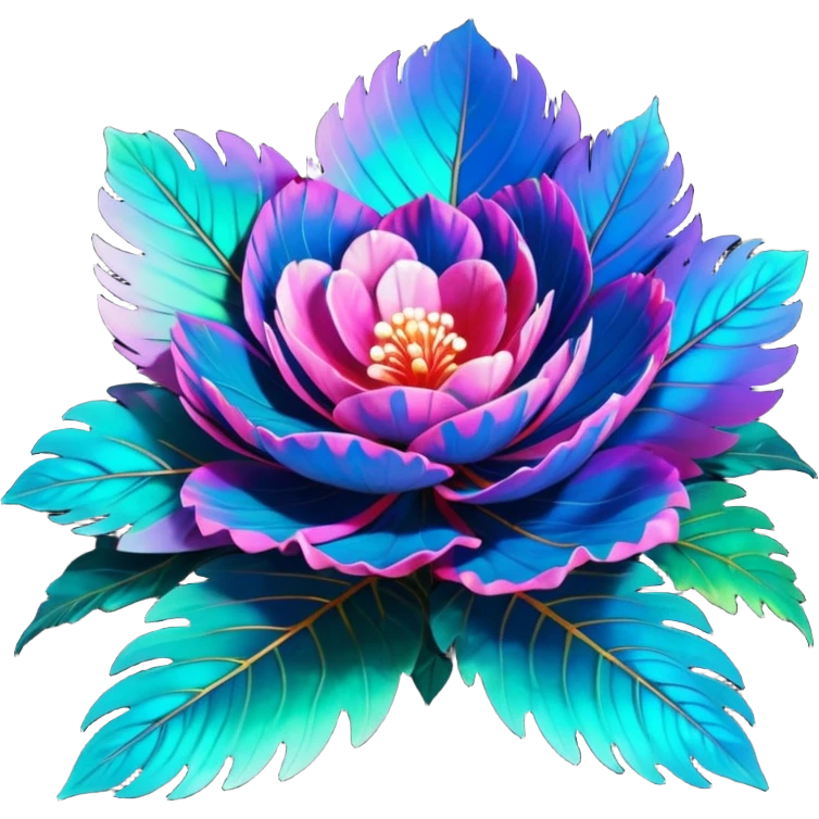 Unrealistic cyberpunk colors of a highly detailed, isolated 3D render, lush full soft appearance, Peacock Begonia feathers emoji