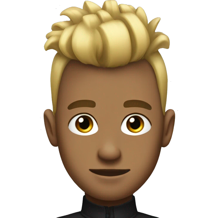 Young man with short blonde hair on the sides, Mohawk style, elegant and colorful dressed in black emoji