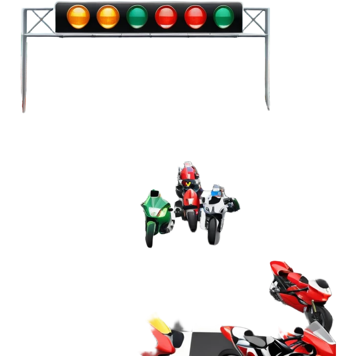 grandstands filled with cheering crowds, checkered flags waving, and traffic lights signaling the start, with a thrilling atmosphere of anticipation and speed. Sporty cars and motorcycles lined up at the starting line, ready to race, with a vibrant racetrack in the background. emoji