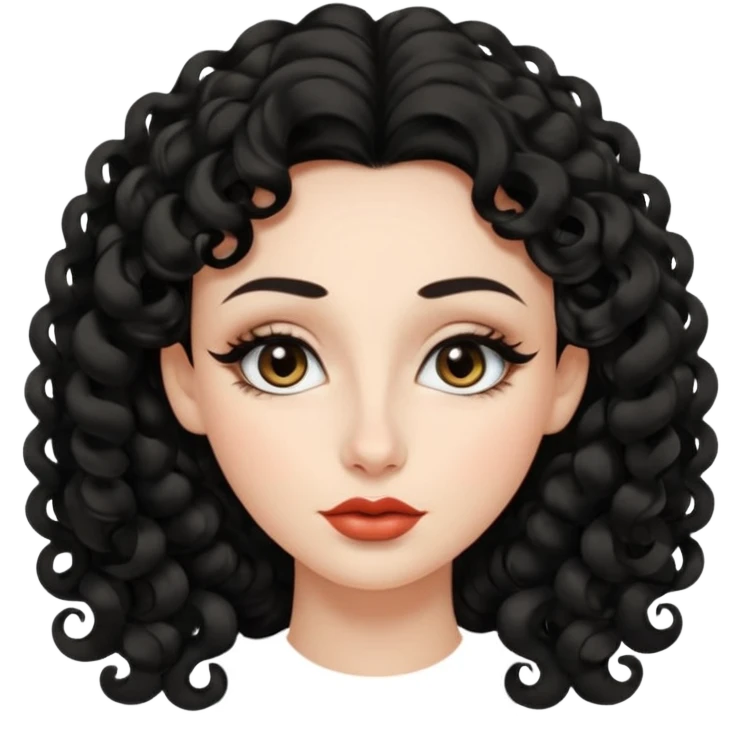 persona mujer con piel clara y rizos suaves color negro y largos  y sin volumen y con delineador en los ojos y con los labios medianos, ojos almendrados y nariz respringada emoji